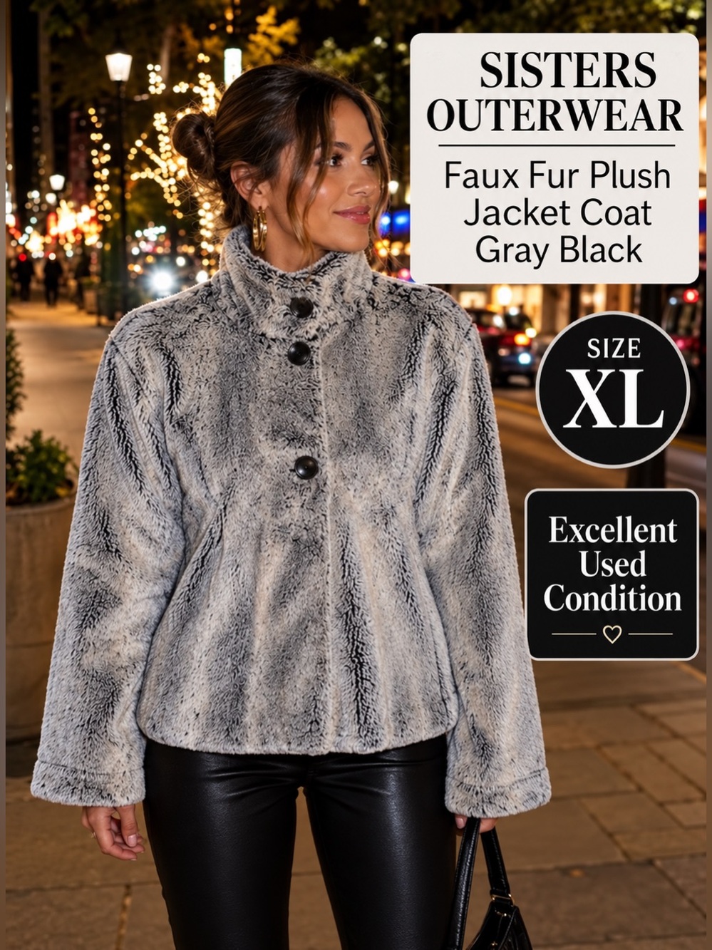 Sisters Outerwear Faux Fur Plush Jacket Coat Gray Black XL